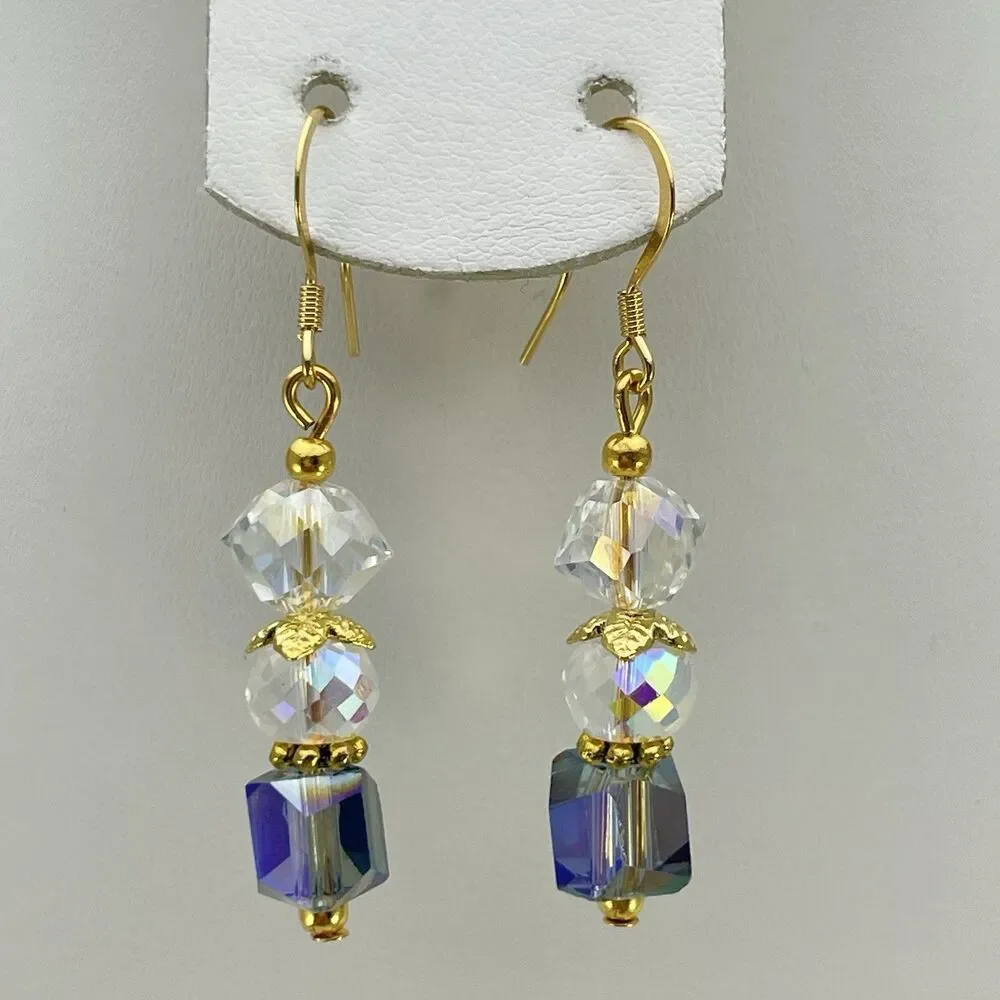 Earrings 18K Gold Plated Blue White AB Glass Beaded Dangle Boho Cute Unique